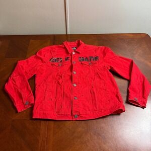 Jacket Mens Red Distressed Denim Trucker Streetwear‎ Patch Graffiti XL